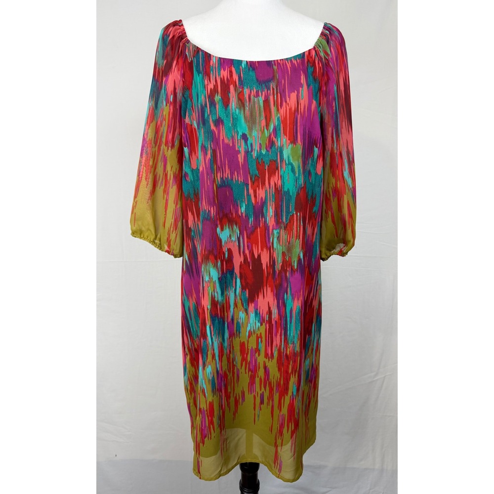 Tiana B Abstract Ikat Shift Dress Womens 12 3/4 Sleeve Colorful Resort wear